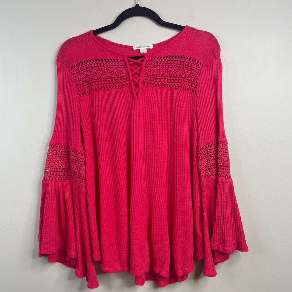 Vintage Boho Indie Top Womens Large Flare Sleeve Crochet Hippie Pullover Bright